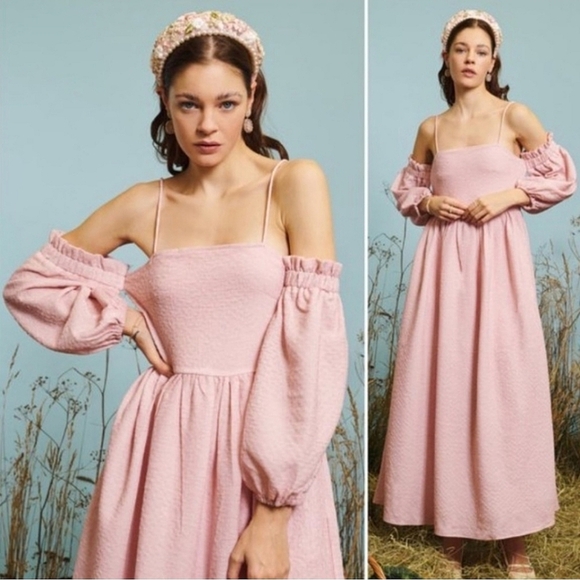Sister Jane Dresses & Skirts - NWT Sister Jane DREAM Off Shoulder Long Puff Sleeve Midi Cami Dress Pink Small